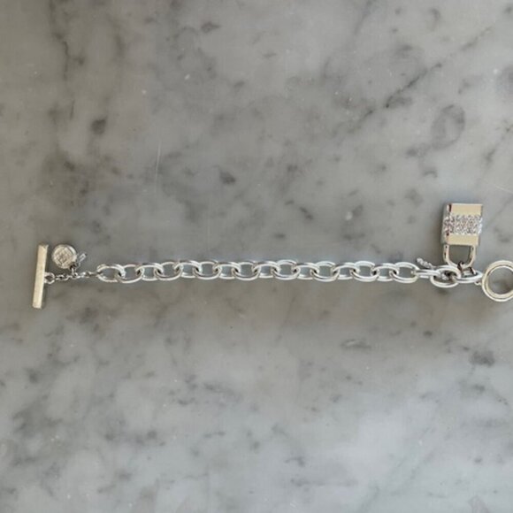 HOUSE OF HARLOW 1960 Crystal Jeweled Padlock & Key Silvertone Link Brace… - Picture 12 of 16